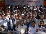 Karnataka chief minister Siddaramaiah and his deputy DK Shivakumar at a protest in Delhi to denounce the Centre’s alleged 'injustice' in tax devolution and grants-in-aid to the state