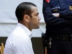 Brazil footballer Dani Alves sits in court during the first day of his trial in Barcelona, Spain