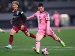Inter Miami CF forward Lionel Messi (10) shoots against Vissel Kobe during the second half of a preseason friendly at Japan National Stadium