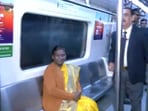 President Droupadi Murmu takes ride in Delhi Metro on Wednesday. President Droupadi Murmu takes ride in Delhi Metro on Wednesday.