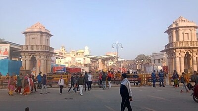 Devotees gather at the entrance of Ram Temple, in Ayodhya on Saturday. (ANI Photo) Devotees gather at the entrance of Ram Temple, in Ayodhya on Saturday. (ANI Photo)