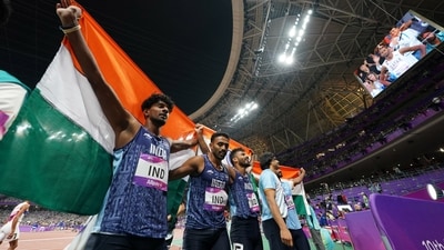 Asian Games - Hangzhou 2022 - Athletics - Olympic Sports Centre, Hangzhou, China - October 4, 2023 Member's of India's team react after winning the Men's 4X400 Relay Final REUTERS/Bryan Foo (REUTERS)