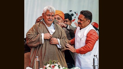 Lieutenant governor Manoj Sinha being felicitated during the stone-laying ceremony in Jammu on Wednesday. (PTI)