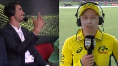 Mitchell Starc (L) and Alyssa Healy chat during the mid-innings break (X)
