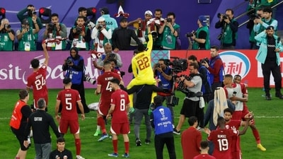 Qatar players celebrate their win over Iran in the AFC Asian Cup 2023 semi-finals (AP) Qatar players celebrate their win over Iran in the AFC Asian Cup 2023 semi-finals (AP)