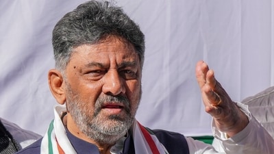 Karnataka Deputy Chief Minister DK Shivakumar during a protest by the Karnataka state Congress leaders against the centre, at Jantar Mantar, in New Delhi on Feb 7. (PTI)