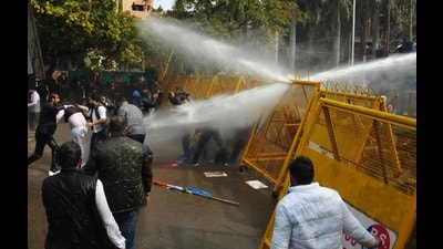 Police use water cannons to disperse NSUI workers protesting against the BJP over the mayoral election fiasco, in Chandigarh on Wednesday. (Ravi Kumar/HT) Police use water cannons to disperse NSUI workers protesting against the BJP over the mayoral election fiasco, in Chandigarh on Wednesday. (Ravi Kumar/HT)