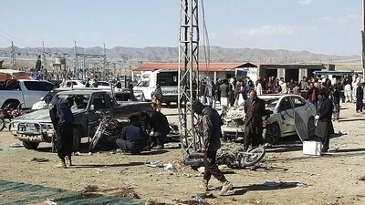 Security personnel inspect the site of a bomb blast outside the office of an independent candidate in Pishin district, around 50 kilometres (30 miles) from Quetta on February 7, 2024, on the eve of Pakistan's national elections. (AFP) Security personnel inspect the site of a bomb blast outside the office of an independent candidate in Pishin district, around 50 kilometres (30 miles) from Quetta on February 7, 2024, on the eve of Pakistan's national elections. (AFP)