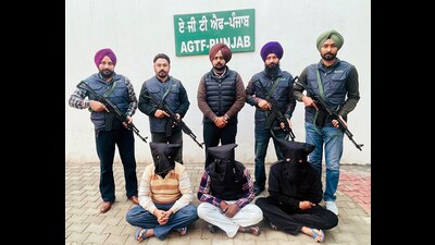 The three accused in the custody of the anti-gangster task force of Punjab Police in Amritsar on Wednesday. (ANI)
