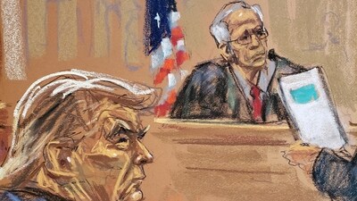 U.S. President Donald Trump and Justice Arthur Engoron of the state Supreme Court listen to opening arguments from his lawyer Alina Habba (not seen), during the trial of Trump, his adult sons, in New York City, U.S., October 2, 2023 in this courtroom sketch. REUTERS/Jane Rosenberg/File Photo/File Photo (REUTERS)