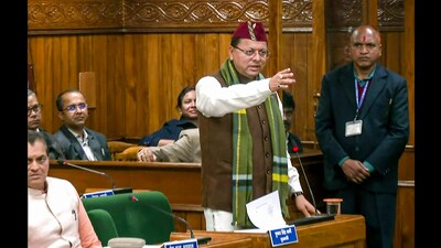 Uttarakhand chief minister Pushkar Singh Dhami speaks during discussions on the Uniform Civil Code Uttarakhand 2024 Bill in the state Assembly on Wednesday. (ANI) Uttarakhand chief minister Pushkar Singh Dhami speaks during discussions on the Uniform Civil Code Uttarakhand 2024 Bill in the state Assembly on Wednesday. (ANI)