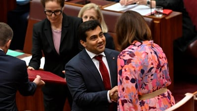 Varun Ghosh took an oath on Bhagavad Gita as he became a senator. (X/@PennyWong) Varun Ghosh took an oath on Bhagavad Gita as he became a senator. (X/@PennyWong)