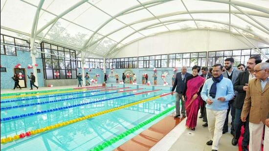 Chief minister Arvind Kejriwal with education minister Atishi at Delhi Sports School on Wednesday. (HT Photo)