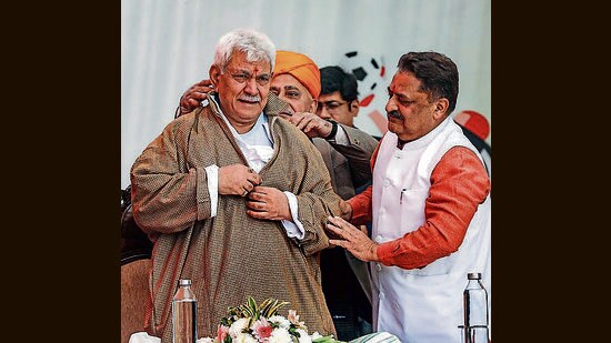 Lieutenant governor Manoj Sinha being felicitated during the stone-laying ceremony in Jammu on Wednesday. (PTI)