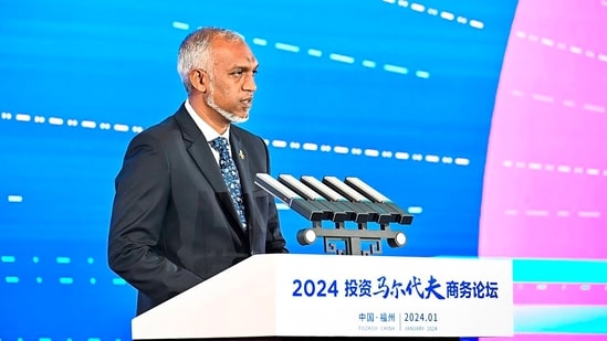 Maldives President Mohamed Muizzuspeaks at the Invest Maldives Forum, at the Fuzhou Strait International Convention and Exhibition Centre, in Fuzhou, China, (PTI)