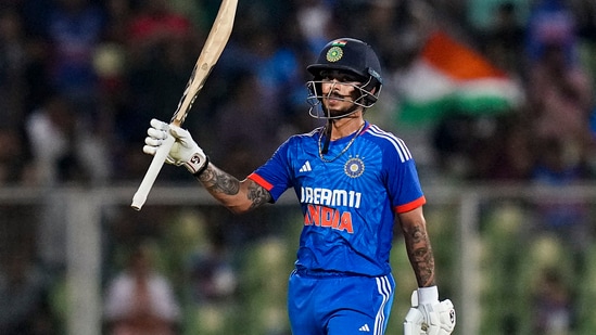 India's Ishan Kishan celebrates his half century during the second T20 International cricket between India and Australia, at the Greenfield International Stadium, in Thiruvananthapuram (PTI)