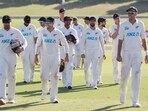 New Zealand players leave the field following their victory on day four of the first cricket Test vs South Africa at the Bay Oval in Mount Maunganui