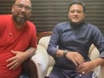 Mauris Noronha (left) with Uddhav Sena leader Abhishek Ghosalkar on a Facebook live on Thursday in which the Sena leader was shot by Noronha.