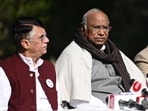 Congress President Mallikarjun Kharge along with Pawan Khera and MP Nasir Hussain during the press conference at his residence in Delhi (HT) Congress President Mallikarjun Kharge along with Pawan Khera and MP Nasir Hussain during the press conference at his residence in Delhi (HT)