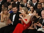 Actor Jennifer Lawrence ate a slice of pizza during the 2014 Oscar Awards