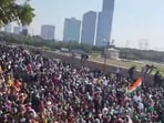 Farmers protesting at the Mahamaya flyover in Noida. Farmers protesting at the Mahamaya flyover in Noida.