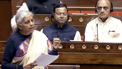 New Delhi, Feb 8 (ANI): Union Finance Minister Nirmala Sitharaman speaks in the Rajya Sabha during the Budget Session of Parliament, in New Delhi on Thursday. (ANI Photo/SansadTV) (ANI ) New Delhi, Feb 8 (ANI): Union Finance Minister Nirmala Sitharaman speaks in the Rajya Sabha during the Budget Session of Parliament, in New Delhi on Thursday. (ANI Photo/SansadTV) (ANI )