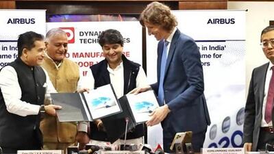 Bengaluru-based Dynamatic Technologies and Airbus signed an agreement to make all door variants for the French planemaker’s A220 planes in presence of Union civil aviation minister Jyotiraditya Scindia (Twitter/@PIB_India) Bengaluru-based Dynamatic Technologies and Airbus signed an agreement to make all door variants for the French planemaker’s A220 planes in presence of Union civil aviation minister Jyotiraditya Scindia (Twitter/@PIB_India)