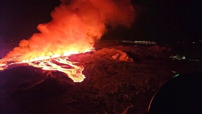 A volcano in Iceland erupted on Thursday for the second time this year, pumping lava up to 80 metres (260 feet) into the air in what is the sixth outbreak on the southwestern Reykjanes peninsula since 2021. (AP) A volcano in Iceland erupted on Thursday for the second time this year, pumping lava up to 80 metres (260 feet) into the air in what is the sixth outbreak on the southwestern Reykjanes peninsula since 2021. (AP)