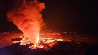 Aerial view of the volcano erupting, north of Grindavík, Iceland. The eruption of the Sylingarfell volcano began at 6 a.m. local time on Thursday, soon after an intense burst of seismic activity. (AP) Aerial view of the volcano erupting, north of Grindavík, Iceland. The eruption of the Sylingarfell volcano began at 6 a.m. local time on Thursday, soon after an intense burst of seismic activity. (AP)