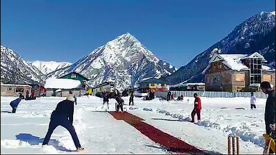 Locals play cricket on snow after snowfall, in Gurez Valley on Thursday. (ANI) Locals play cricket on snow after snowfall, in Gurez Valley on Thursday. (ANI)
