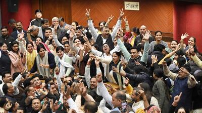New Delhi, India - Feb. 8, 2024: AAP party Councillors celebrating their victory after the passing of MCD budget at Civic Centre, in New Delhi, India, on Thursday, February 8, 2024. (Photo by Sanjeev Verma/ Hindustan Times) (Hindustan Times)