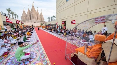 Ahead of the grand opening of the temple on a 27-acre piece of land in Abu Mureikhah district, Swami Mahant Swami Maharaj, the spiritual leader of BAPS, has arrived in the UAE. (PTI) Ahead of the grand opening of the temple on a 27-acre piece of land in Abu Mureikhah district, Swami Mahant Swami Maharaj, the spiritual leader of BAPS, has arrived in the UAE. (PTI)
