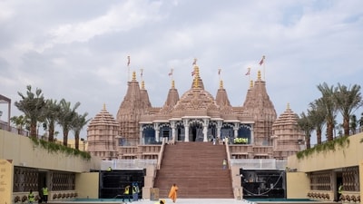 The temple was made from pink Rajasthan sandstone and white Italian marble stone, carved in India and transported to Dubai to be assembled. (Bloomberg) The temple was made from pink Rajasthan sandstone and white Italian marble stone, carved in India and transported to Dubai to be assembled. (Bloomberg)