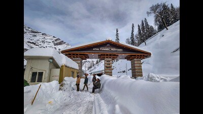 View of the Atal tunnel after a heavy snowfall, in Manali on Wednesday. (PTI)
