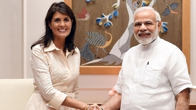 Nikki Haley, an aspiring Republican presidential candidate, with Prime Minister Narendra Modi. (File) Nikki Haley, an aspiring Republican presidential candidate, with Prime Minister Narendra Modi. (File)
