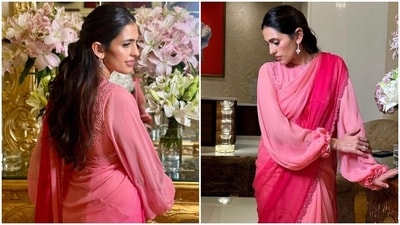 Shloka Ambani poses in a pink Ombré chiffon saree and a retro blouse. (Instagram) Shloka Ambani poses in a pink Ombré chiffon saree and a retro blouse. (Instagram)