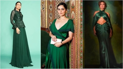 Karishma Kapoor, Manushi Chhillar and Bhumi Pednekar stun in glamorous emerald green outfits. (Instagram) Karishma Kapoor, Manushi Chhillar and Bhumi Pednekar stun in glamorous emerald green outfits. (Instagram)