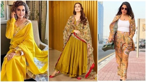 From Sonali Bendre's saree to Hina Khan's mustard yellow printed pantsuit, this stunning shade can elevate any look. (Instagram) From Sonali Bendre's saree to Hina Khan's mustard yellow printed pantsuit, this stunning shade can elevate any look. (Instagram)