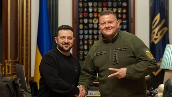 Ukrainian President Volodymyr Zelenskyy, left, shake hand with Commander-in-Chief of Ukraine's Armed Forces Valerii Zaluzhnyi during their meeting in Kyiv, Ukraine, Thursday, Feb. 8, 2024. (Ukrainian Presidential Press Office via AP)