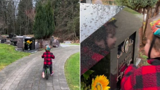 The image shows the kid standing in front of his mother's grave. (Instagram/@adventureswithgrandmama)