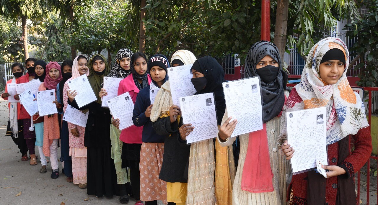 Students standing in queue to appear in the Bihar Board class 12th examination at DAV High School Danapur in Patna
(Photo by Santosh Kumar)