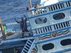 An Iranian-flagged vessel FV Omari after being intercepted by Indian Navy's INS Sharda. An Iranian-flagged vessel FV Omari after being intercepted by Indian Navy's INS Sharda.