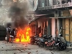 Vehicles set on fire by miscreants over the demolition of an "illegally built" madrasa at Banbhoolpura area in Haldwani, Uttarakhand on Thursday.