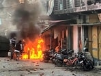 Haldwani: Vehicles set on fire by miscreants over the demolition of an "illegally built" madrasa at Banbhoolpura area, in Haldwani