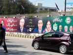 Pakistan Elections 2024: Campaign posters from political parties are displayed on a street in Karachi, Pakistan.