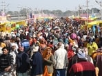 Amid chilly weather, thousands of devotees thronged the holy river Ganga in Uttarakhand's Haridwar to take a dip on the occasion of Mauni Amavasya.(HT Photo/Anil Kumar Maurya)