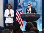 White House Press Secretary Karine Jean-Pierre (L) looks on as US National Security Council spokesman John Kirby speaks during the daily press briefing in the Brady Press Briefing Room of the White House in Washington, DC, on February 8, 2024. (Photo by MANDEL NGAN / AFP)