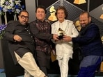 Ustad Zakir Hussain, Shankar Mahadevan, V Selvaganesh and Ganesh Rajagopalan of Shakti at the 66th Grammy Awards in Los Angeles on Sunday. (PTI)