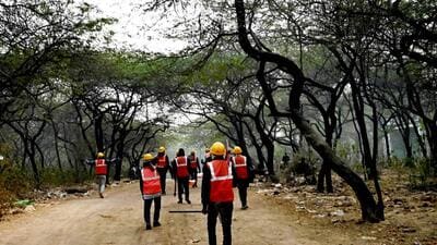 An anti-encroachment drive underway by DDA at Sanjay Van in January. (Arvind Yadav/HT Photo) An anti-encroachment drive underway by DDA at Sanjay Van in January. (Arvind Yadav/HT Photo)