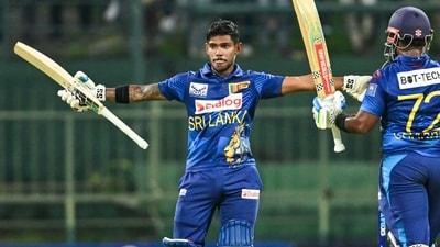 Sri Lanka's Pathum Nissanka (L) celebrates after scoring a double century (200 runs) as Charith Asalanka during the first one-day international (AFP) Sri Lanka's Pathum Nissanka (L) celebrates after scoring a double century (200 runs) as Charith Asalanka during the first one-day international (AFP)